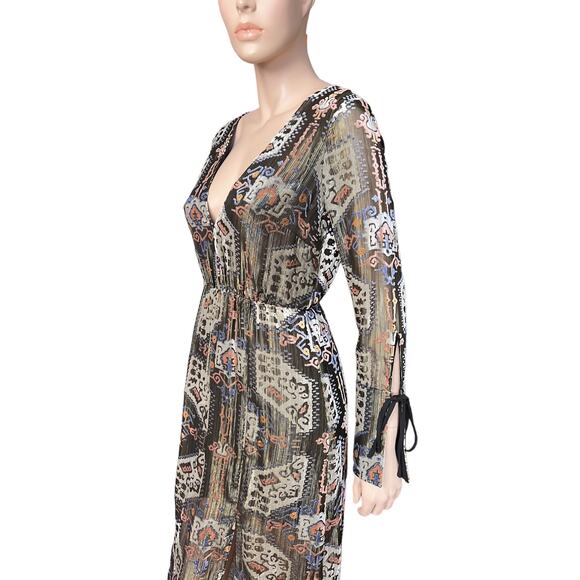 Topshop Metallic Devore Plunge Neck Skater Dress Size 4 Long Sleeves V Neckline - Picture 11 of 16